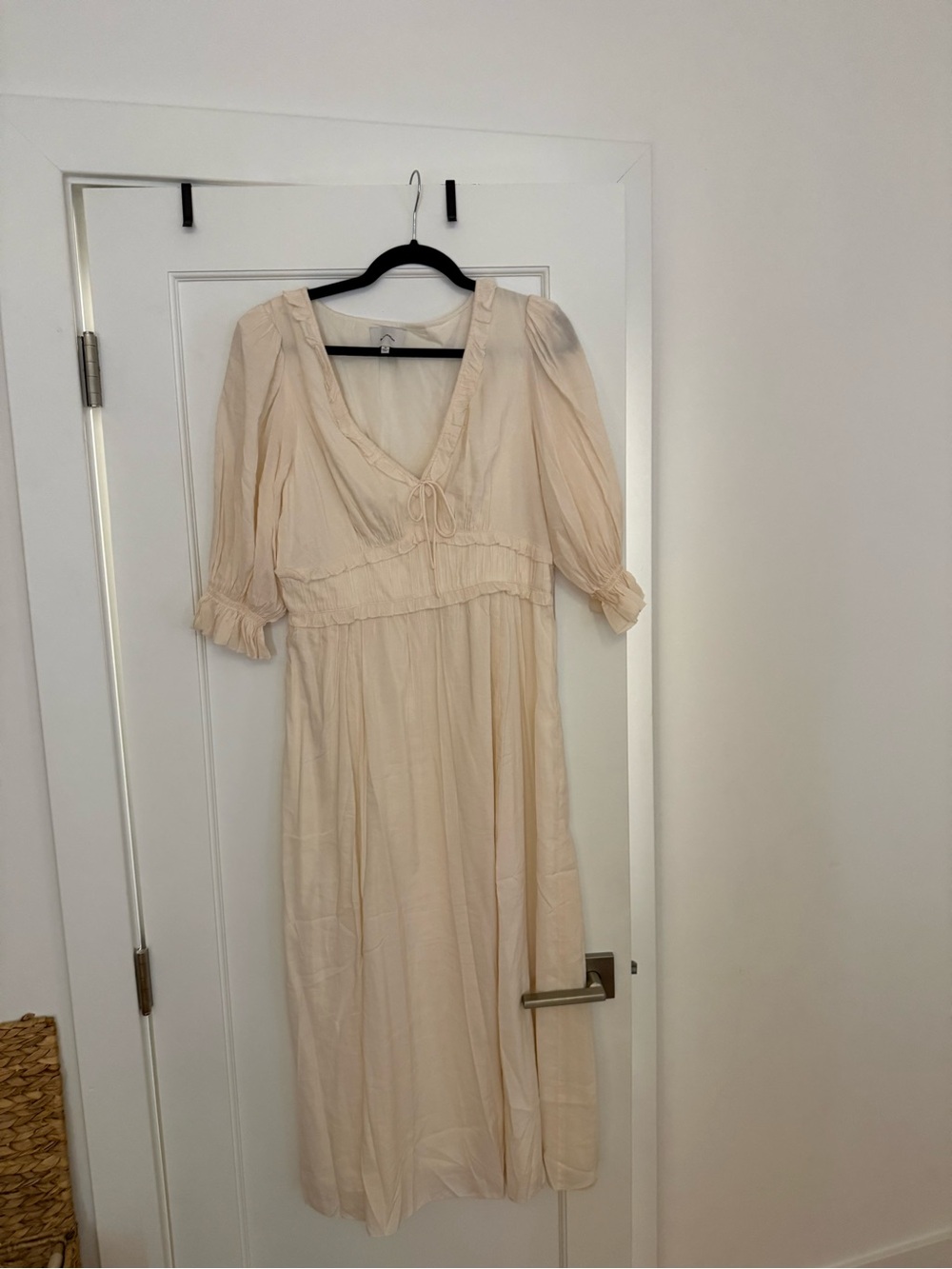 Reformation Cream Midi Dress with V-Neck and Tie